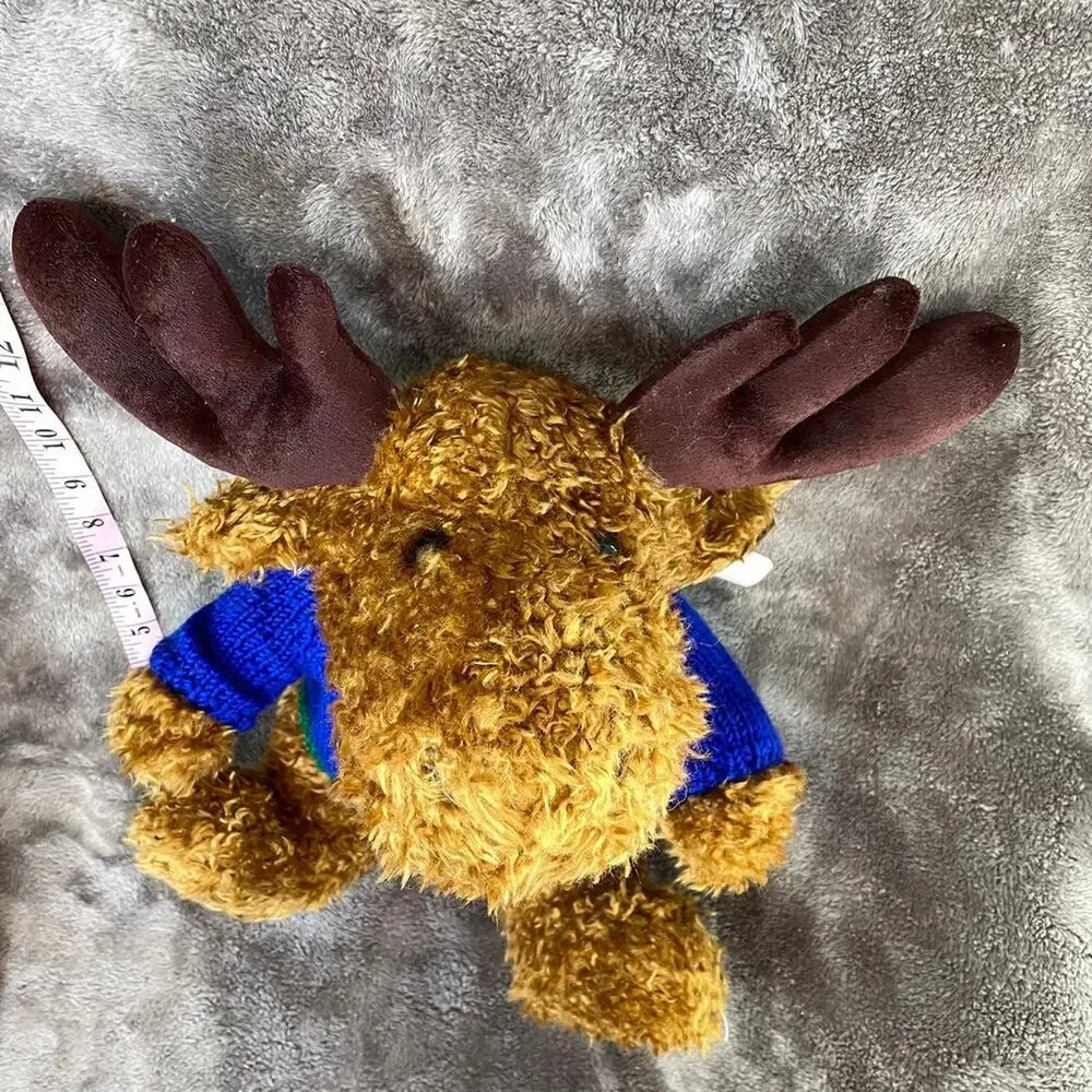 Vintage Reindeer Plush Moose Brown Curly Hair Blue Sweater 15” HugFun Toy TAGS